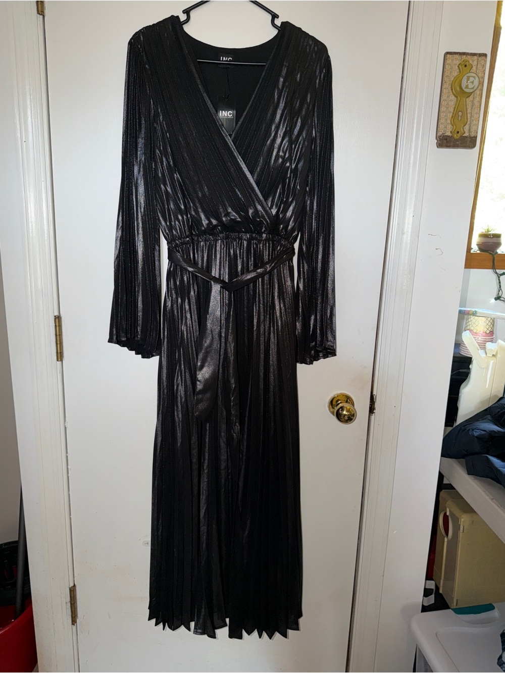 INC International Concepts Black Metallic Pleated Wrap Dress